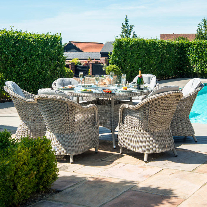 Maze Oxford 6 Seat Round Fire Pit Dining Set with Heritage Chairs and Lazy Susan